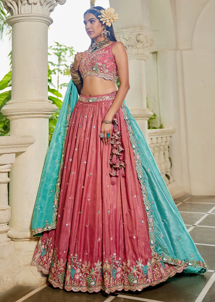 Punch Pink Satin Lehenga Choli with Elegant Floral Embroidery - House of Sarvati LLC