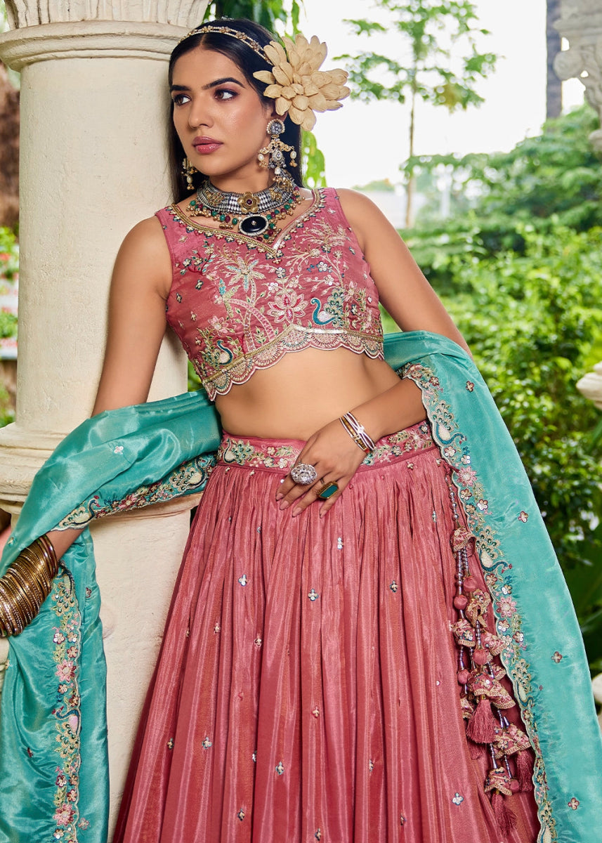 Punch Pink Satin Lehenga Choli with Elegant Floral Embroidery - House of Sarvati LLC