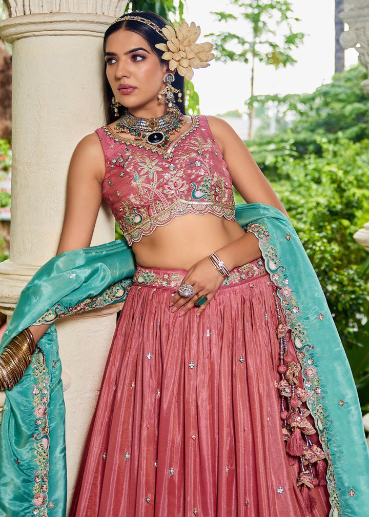 Punch Pink Satin Lehenga Choli with Elegant Floral Embroidery - House of Sarvati LLC