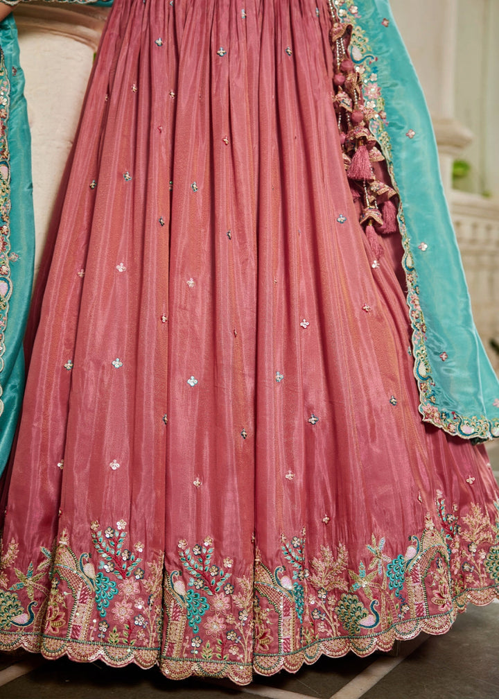 Punch Pink Satin Lehenga Choli with Elegant Floral Embroidery - House of Sarvati LLC