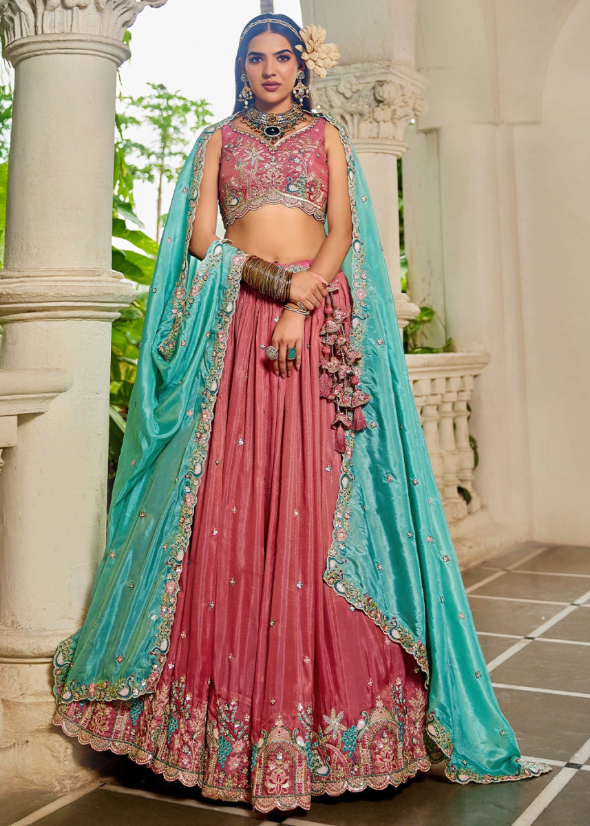 Punch Pink Satin Lehenga Choli with Elegant Floral Embroidery - House of Sarvati LLC