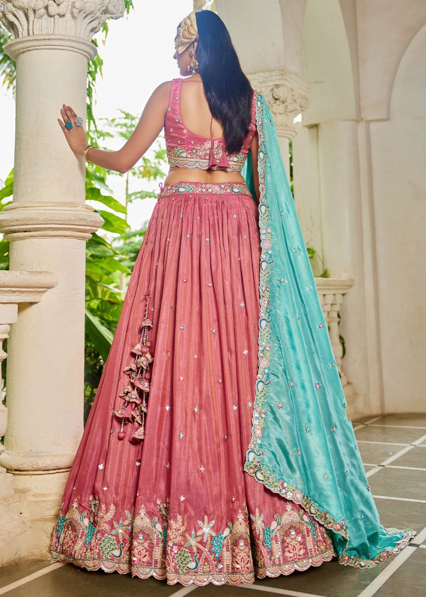 Punch Pink Satin Lehenga Choli with Elegant Floral Embroidery - House of Sarvati LLC