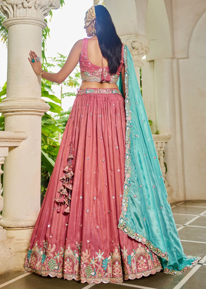 Punch Pink Satin Lehenga Choli with Elegant Floral Embroidery - House of Sarvati LLC
