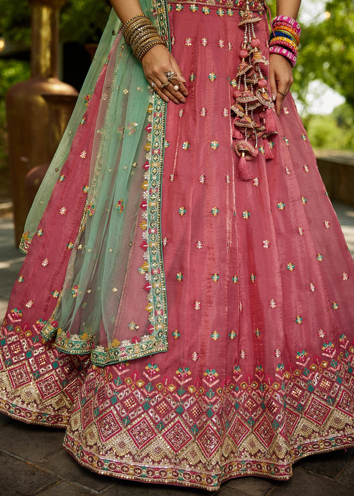 Punch Pink Tissue Lehenga Choli with Sequins and Floral Embroidery - House of Sarvati LLC