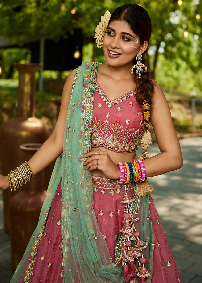 Punch Pink Tissue Lehenga Choli with Sequins and Floral Embroidery - House of Sarvati LLC