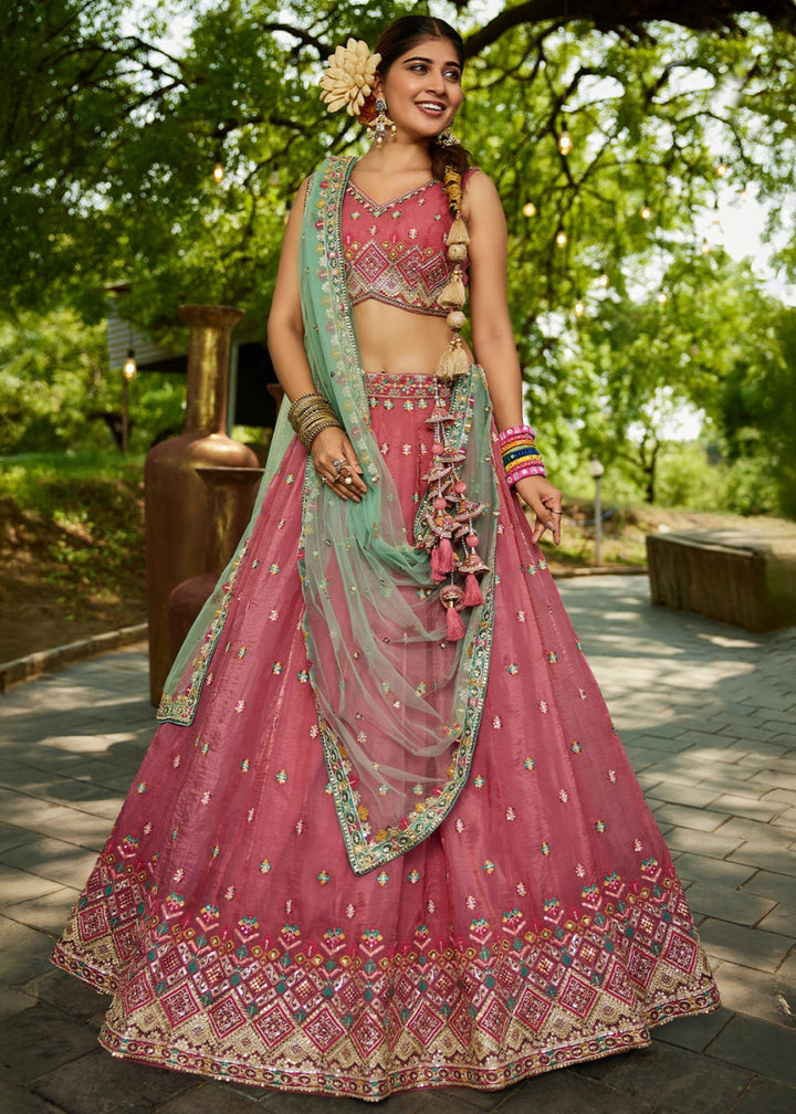 Punch Pink Tissue Lehenga Choli with Sequins and Floral Embroidery - House of Sarvati LLC