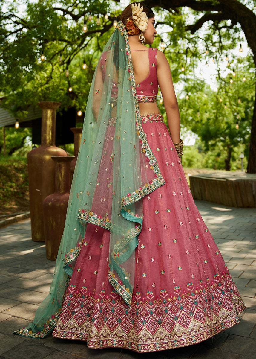 Punch Pink Tissue Lehenga Choli with Sequins and Floral Embroidery - House of Sarvati LLC