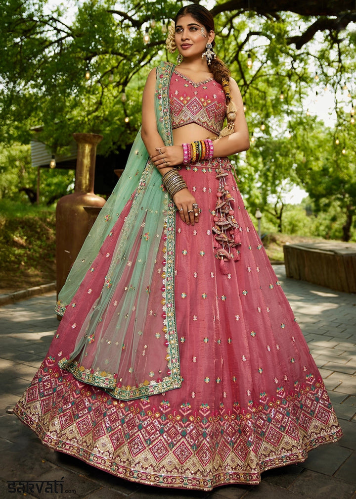 Punch Pink Tissue Lehenga Choli with Sequins and Floral Embroidery - House of Sarvati LLC