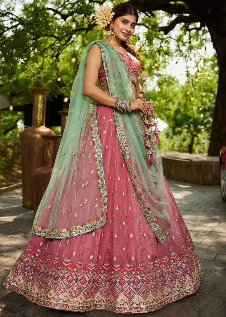 Punch Pink Tissue Lehenga Choli with Sequins and Floral Embroidery - House of Sarvati LLC