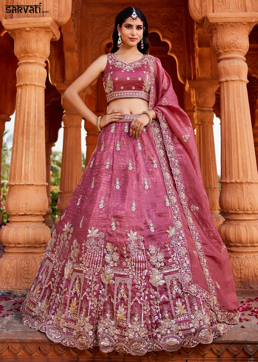Punch Pink Tissue Lehenga Featuring Exquisite Floral & Bead Work - House of Sarvati LLC