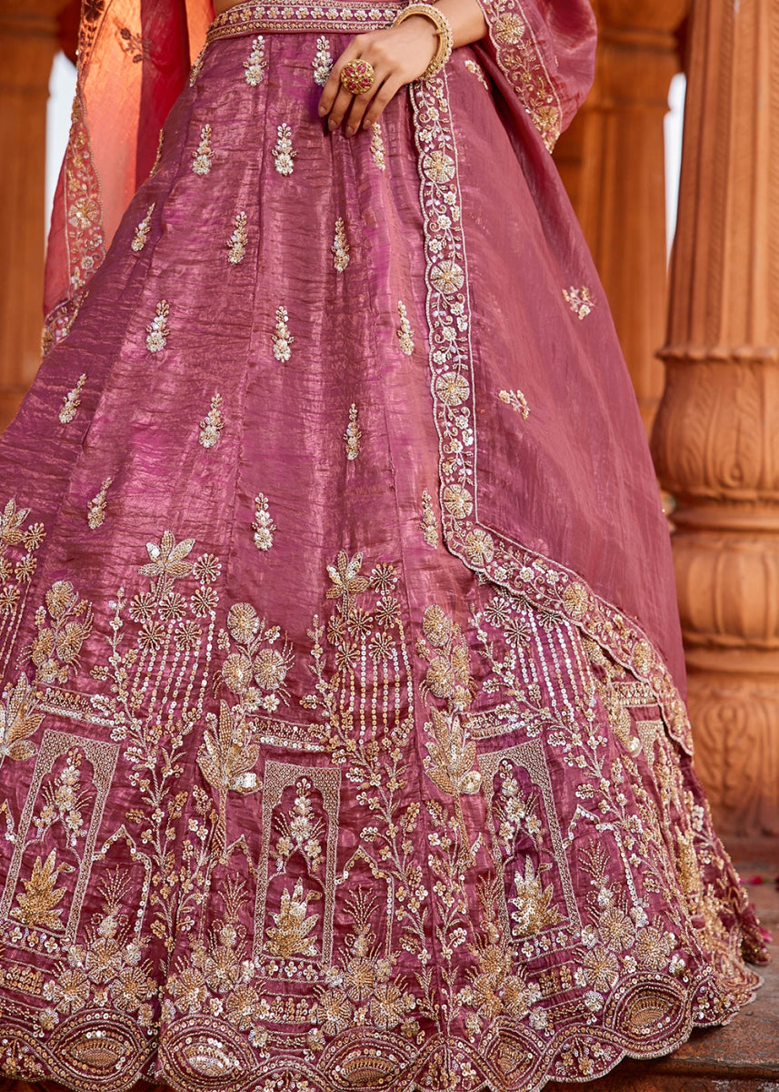 Punch Pink Tissue Lehenga Featuring Exquisite Floral & Bead Work - House of Sarvati LLC
