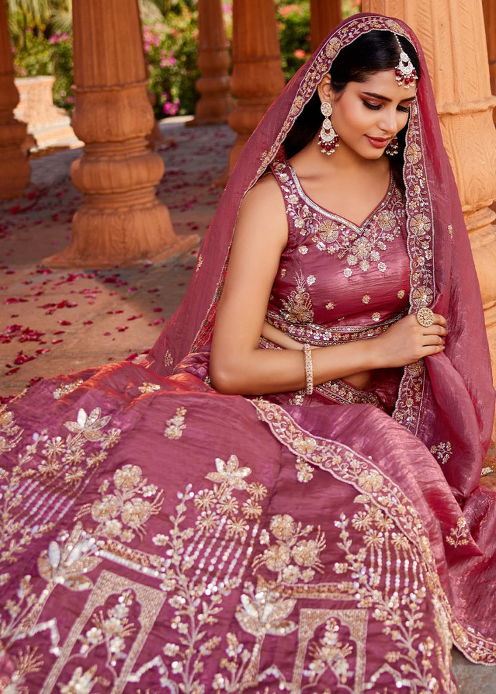 Punch Pink Tissue Lehenga Featuring Exquisite Floral & Bead Work - House of Sarvati LLC