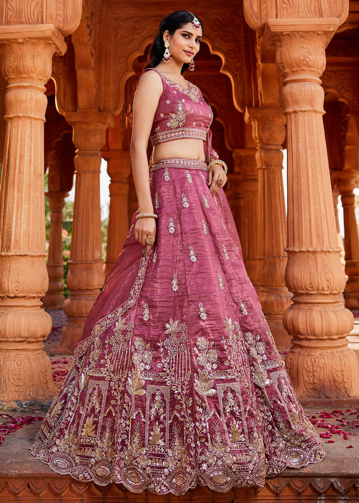 Punch Pink Tissue Lehenga Featuring Exquisite Floral & Bead Work - House of Sarvati LLC