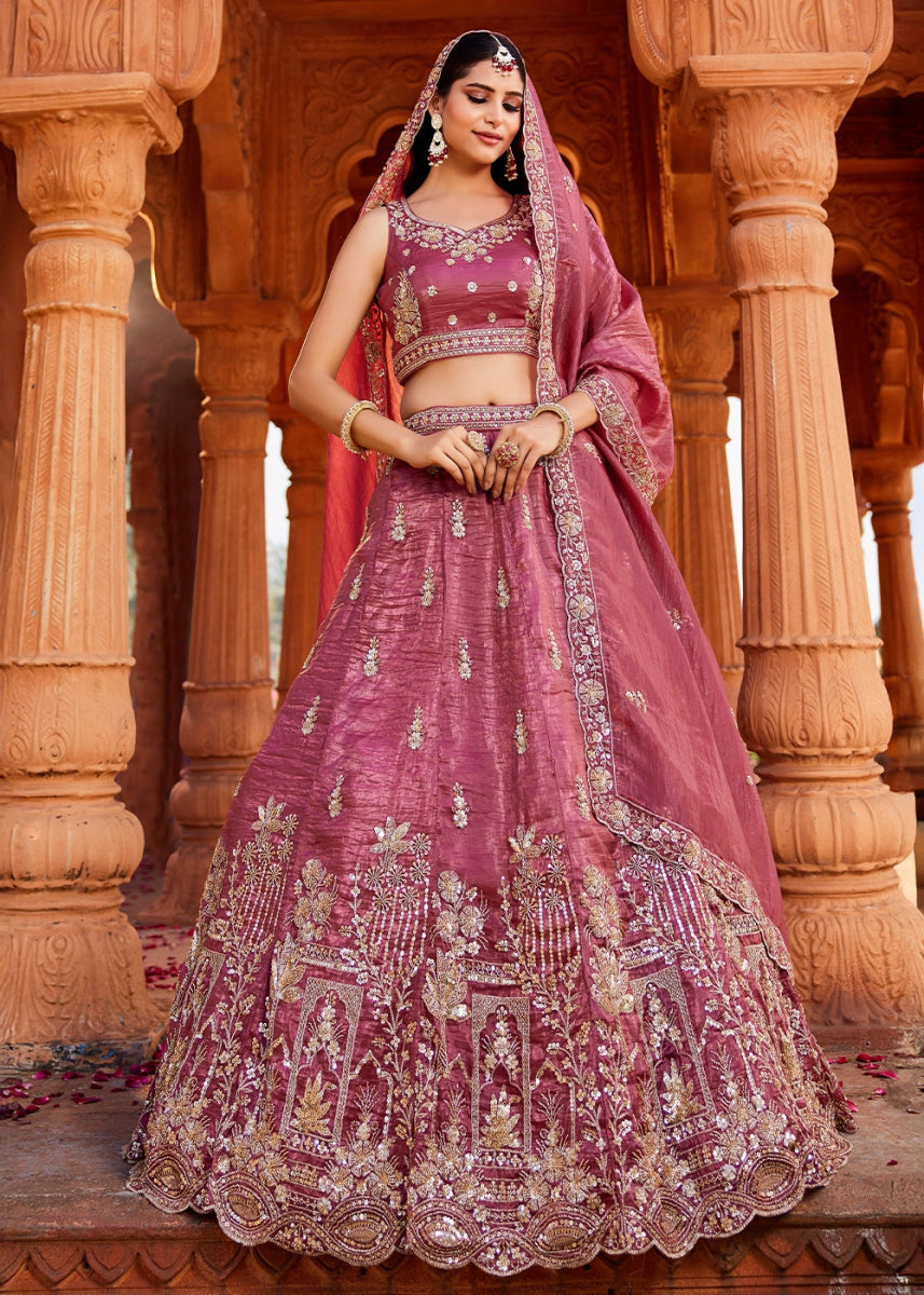 Punch Pink Tissue Lehenga Featuring Exquisite Floral & Bead Work - House of Sarvati LLC