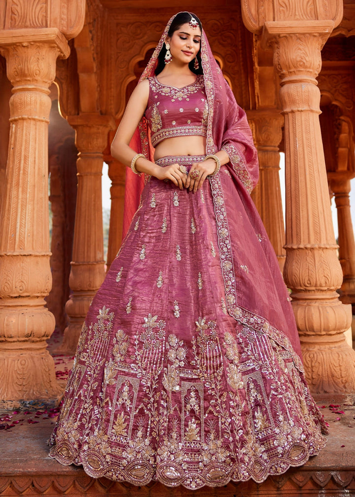 Punch Pink Tissue Lehenga Featuring Exquisite Floral & Bead Work - House of Sarvati LLC