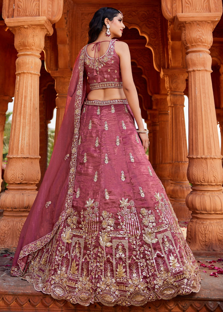 Punch Pink Tissue Lehenga Featuring Exquisite Floral & Bead Work - House of Sarvati LLC