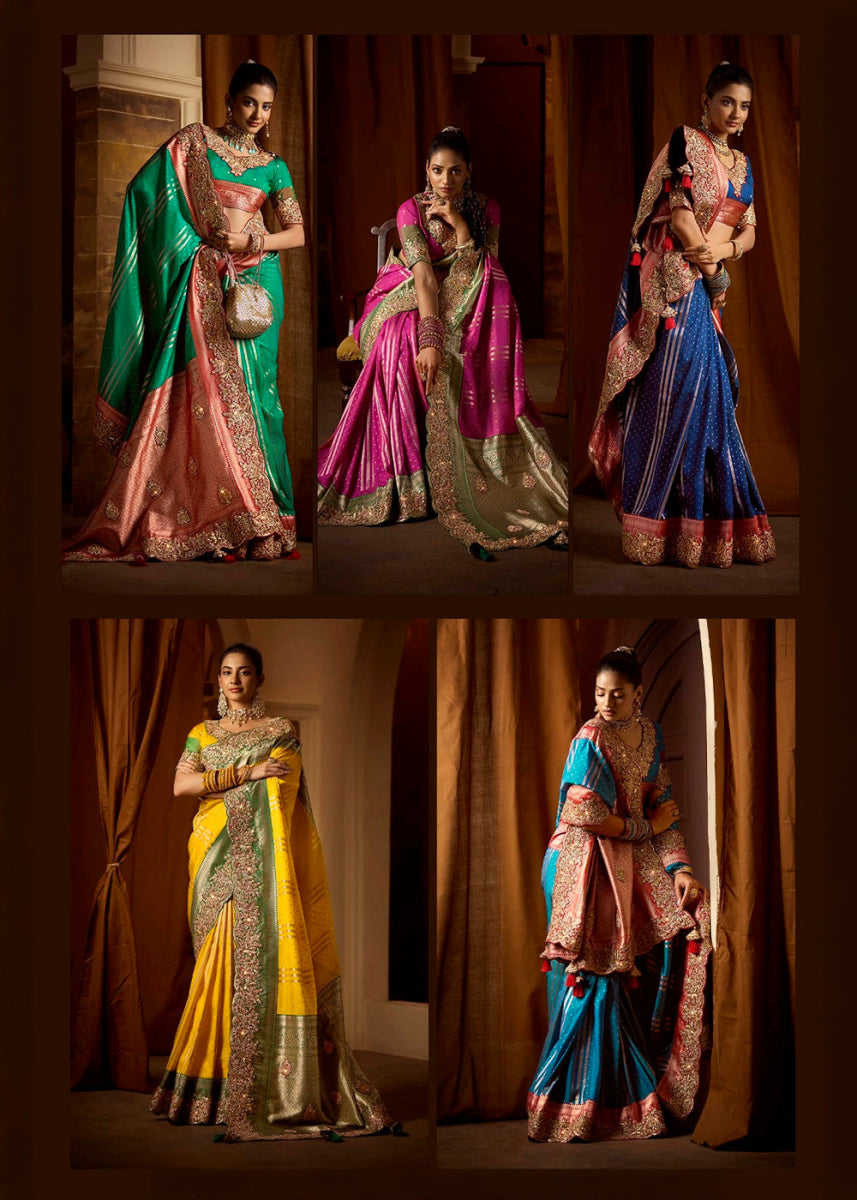 Pure Bangalore Taana Silk Saree Set – Heavy Embroidery, Moti & Zircon Work (Set of 5) - House of Sarvati LLC