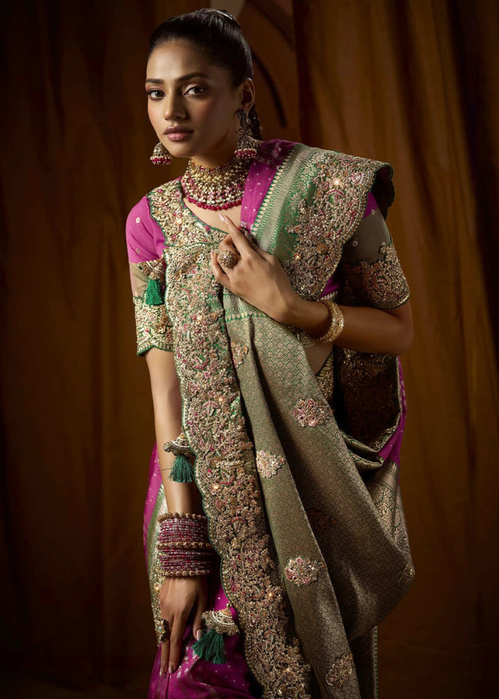 Pure Bangalore Taana Silk Saree Set – Heavy Embroidery, Moti & Zircon Work (Set of 5) - House of Sarvati LLC