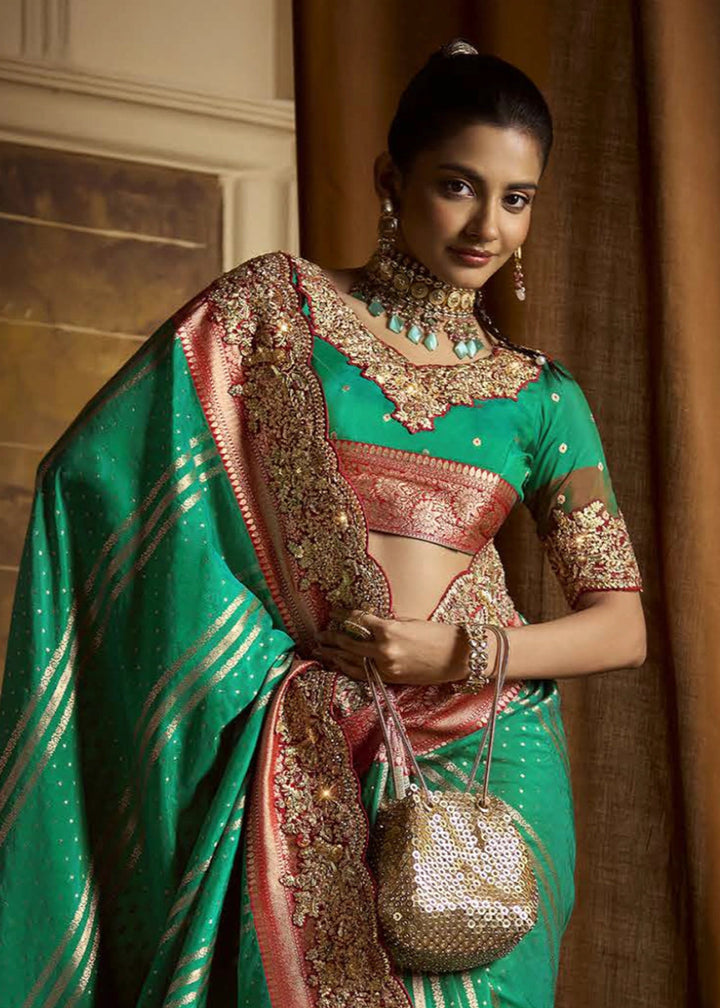 Pure Bangalore Taana Silk Saree Set – Heavy Embroidery, Moti & Zircon Work (Set of 5) - House of Sarvati LLC