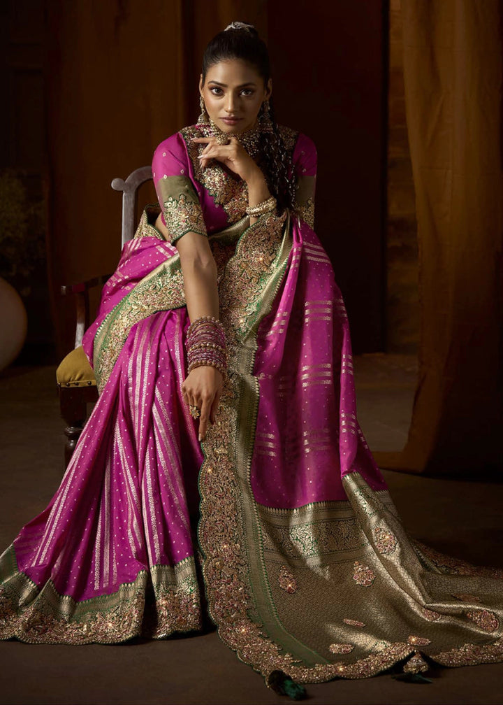 Pure Bangalore Taana Silk Saree Set – Heavy Embroidery, Moti & Zircon Work (Set of 5) - House of Sarvati LLC