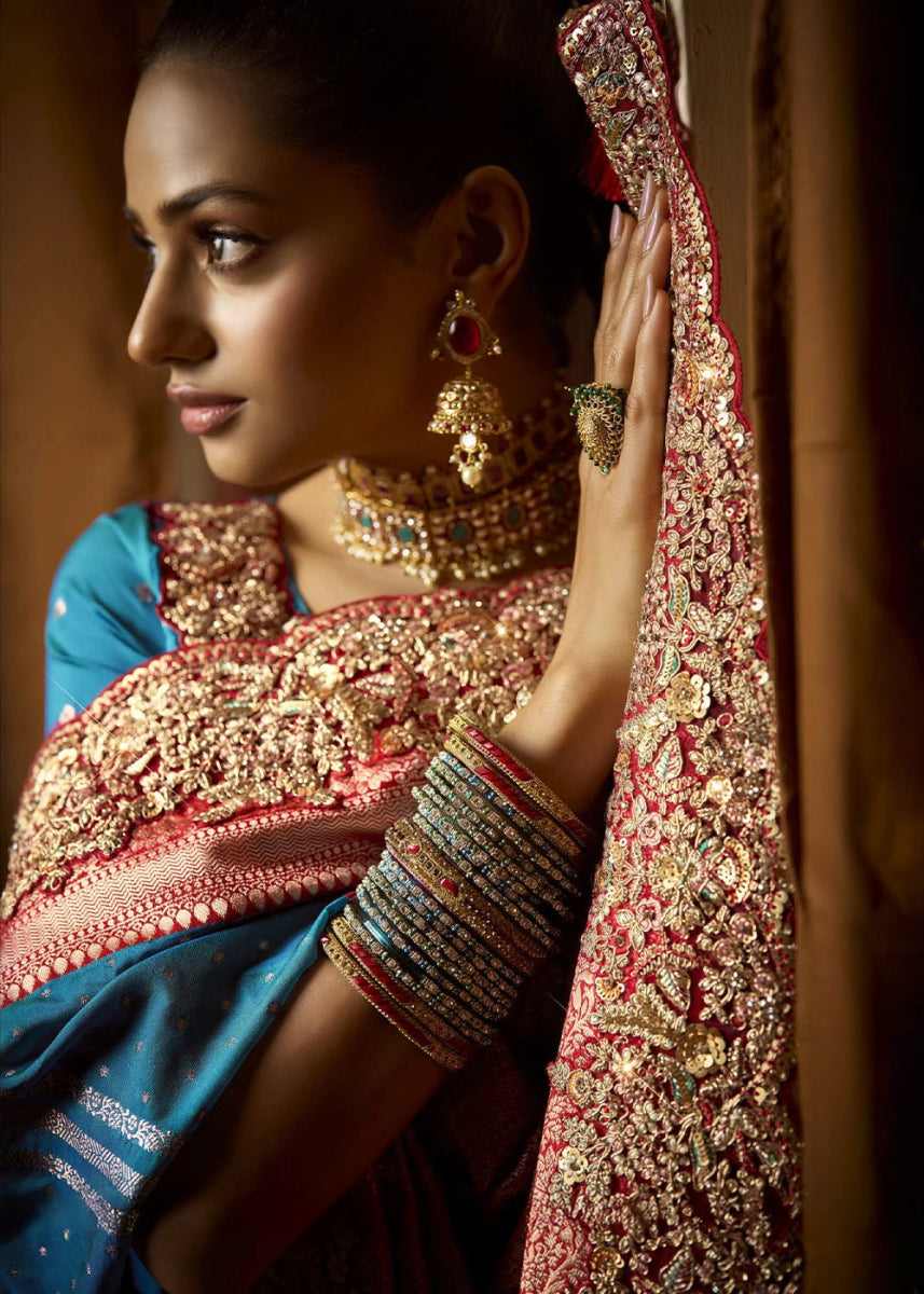 Pure Bangalore Taana Silk Saree Set – Heavy Embroidery, Moti & Zircon Work (Set of 5) - House of Sarvati LLC