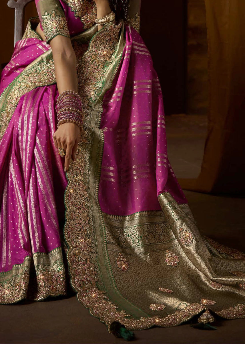 Pure Bangalore Taana Silk Saree Set – Heavy Embroidery, Moti & Zircon Work (Set of 5) - House of Sarvati LLC