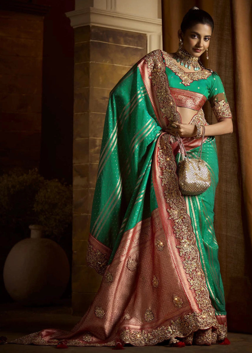 Pure Bangalore Taana Silk Saree Set – Heavy Embroidery, Moti & Zircon Work (Set of 5) - House of Sarvati LLC