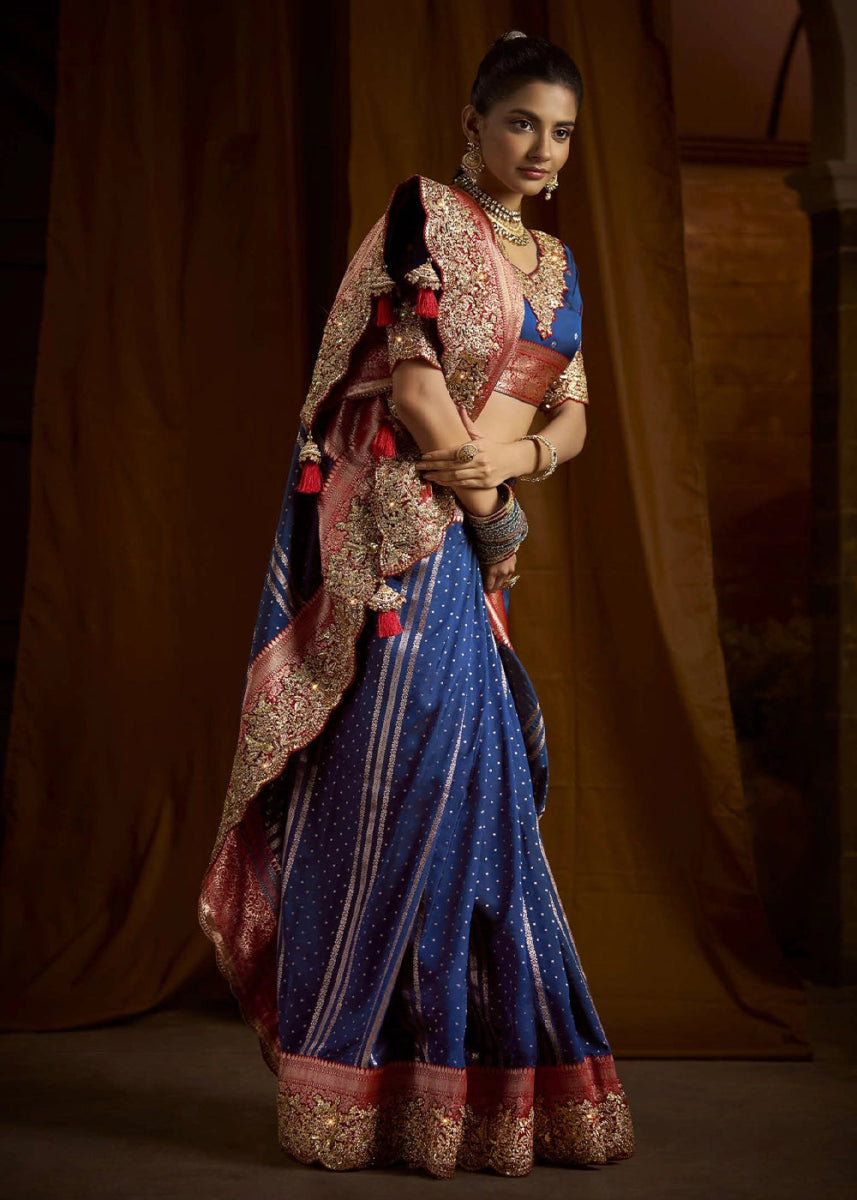 Pure Bangalore Taana Silk Saree Set – Heavy Embroidery, Moti & Zircon Work (Set of 5) - House of Sarvati LLC
