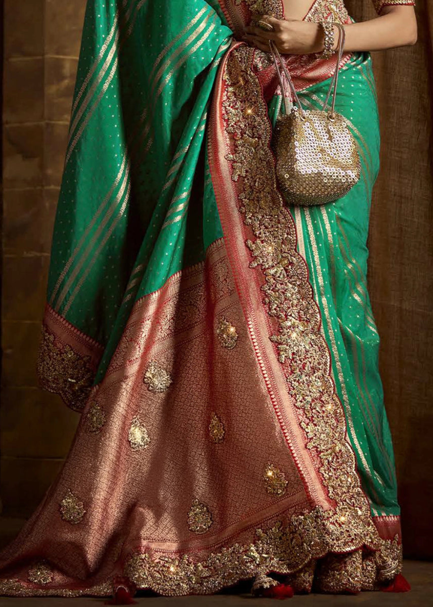Pure Bangalore Taana Silk Saree Set – Heavy Embroidery, Moti & Zircon Work (Set of 5) - House of Sarvati LLC