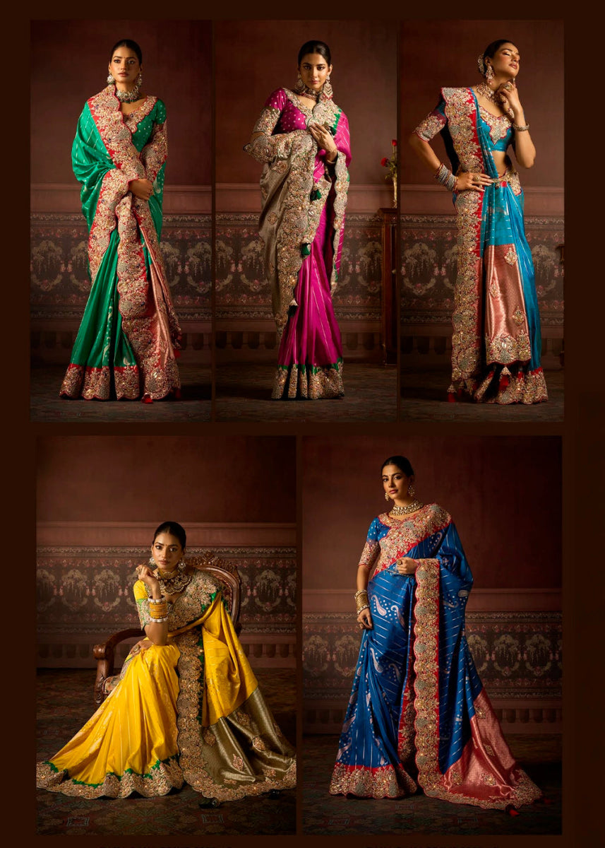 Pure Bangalore Taana Silk Saree Set – Heavy Embroidery & Zircon Work (Set of 5) - House of Sarvati LLC