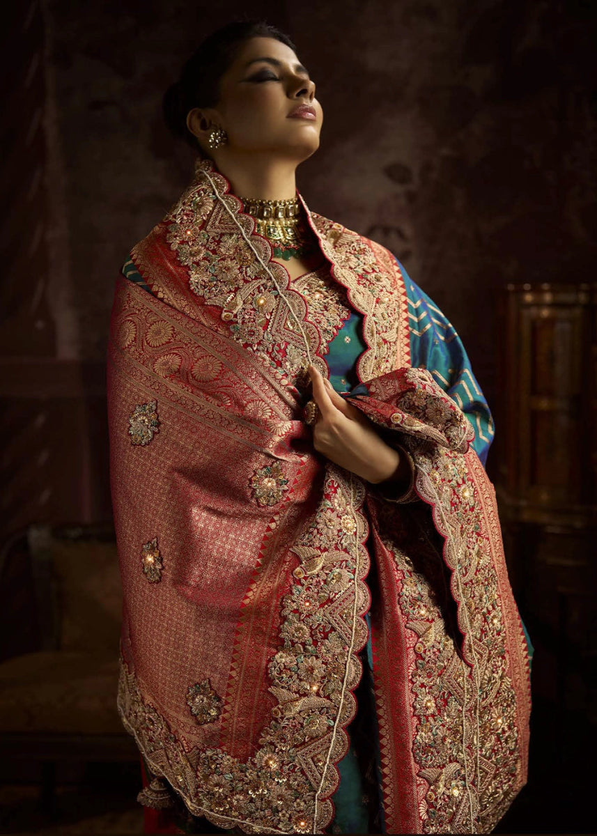 Pure Bangalore Taana Silk Saree Set – Heavy Embroidery & Zircon Work (Set of 6) - House of Sarvati LLC