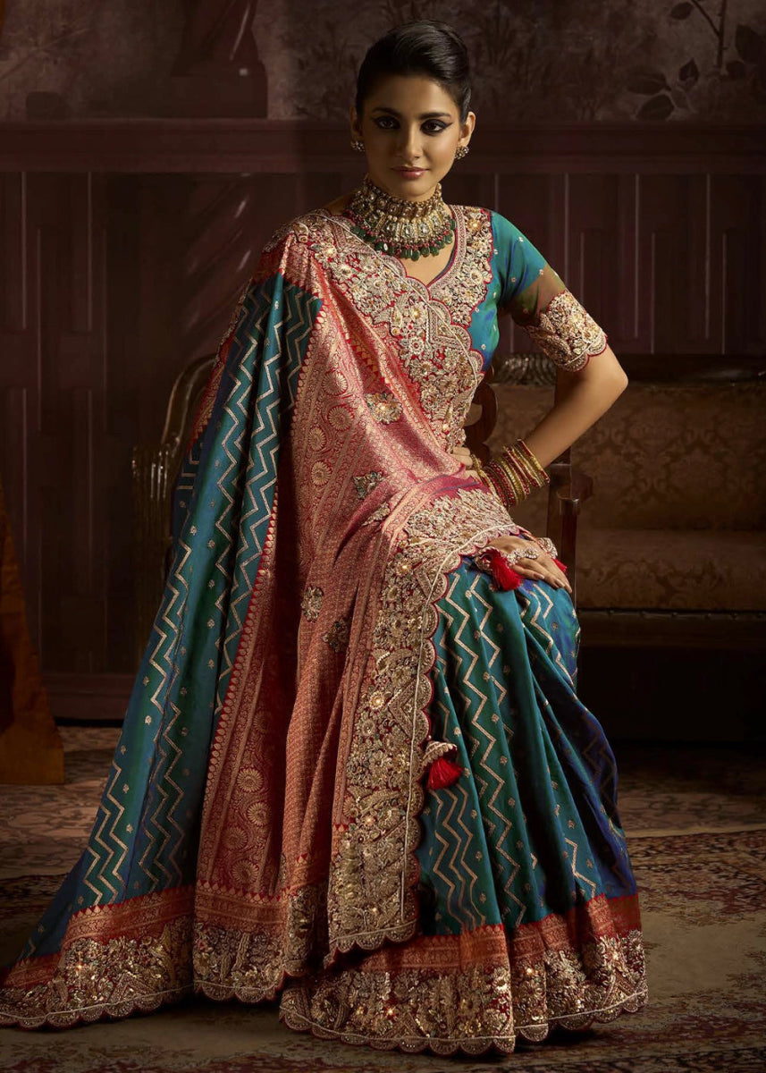 Pure Bangalore Taana Silk Saree Set – Heavy Embroidery & Zircon Work (Set of 6) - House of Sarvati LLC