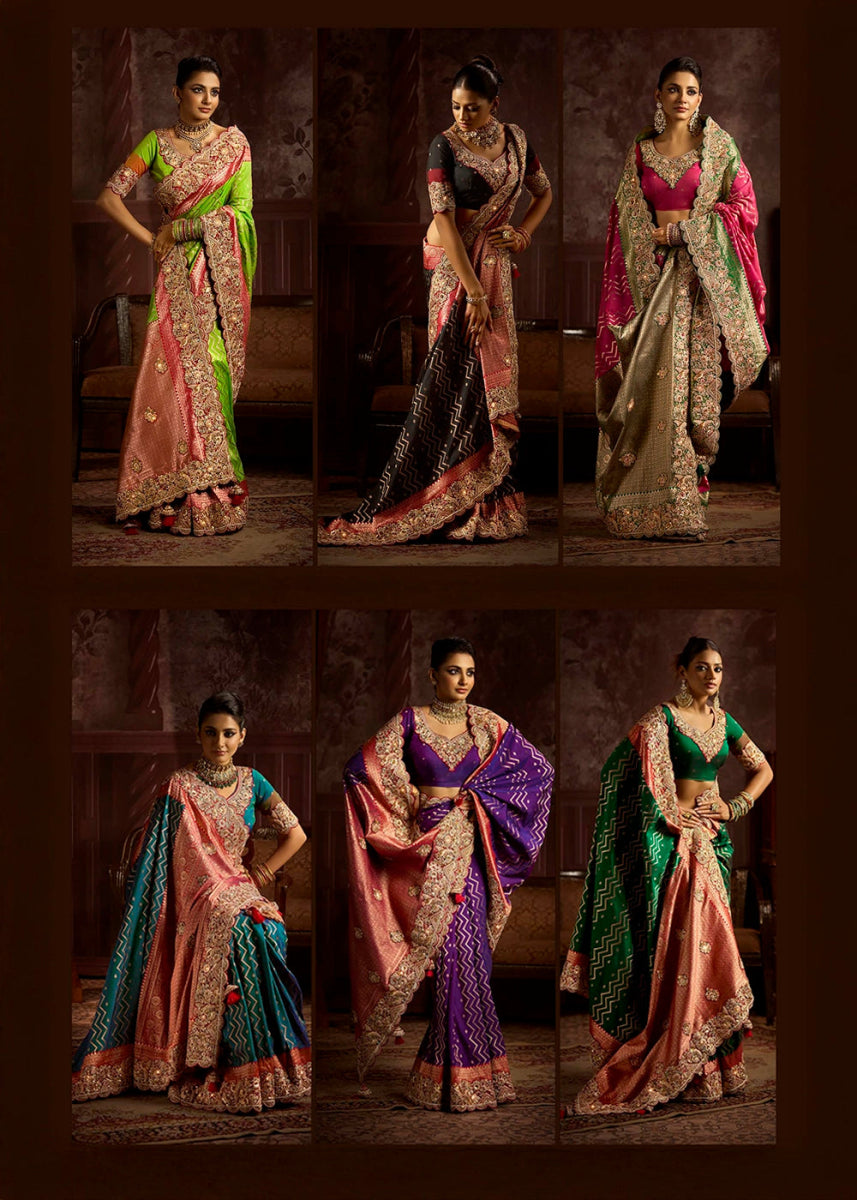 Pure Bangalore Taana Silk Saree Set – Heavy Embroidery & Zircon Work (Set of 6) - House of Sarvati LLC