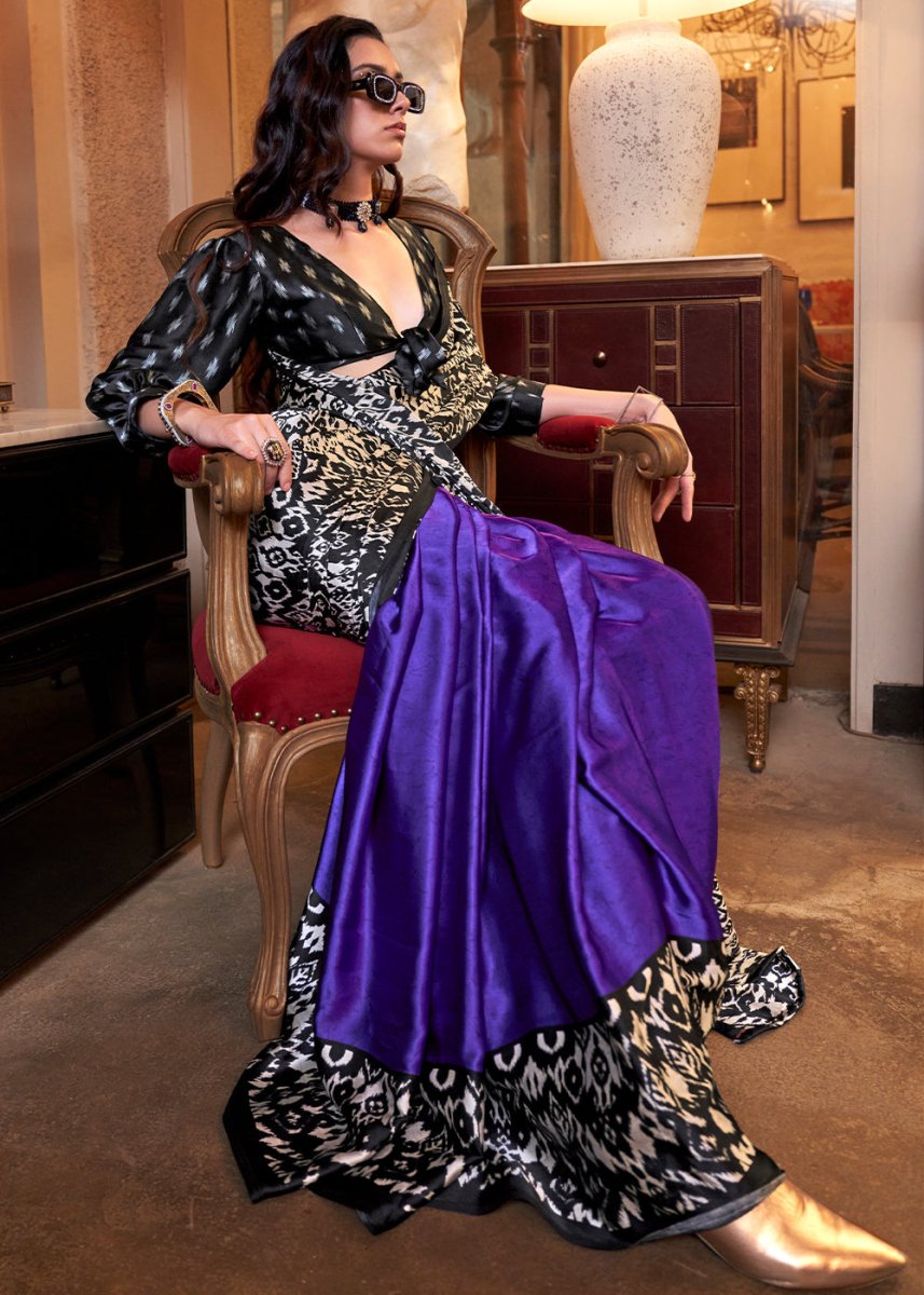 Purple & Black Satin Crepe Saree with Traditional Patola Print - House of Sarvati LLC