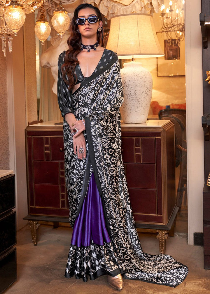 Purple & Black Satin Crepe Saree with Traditional Patola Print - House of Sarvati LLC