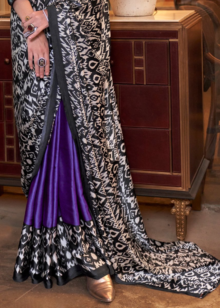 Purple & Black Satin Crepe Saree with Traditional Patola Print - House of Sarvati LLC