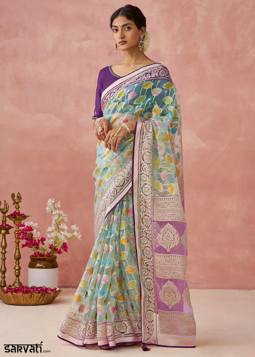 Purple & Blue Brasso Organza Saree with Designer Embroidered Blouse - House of Sarvati LLC