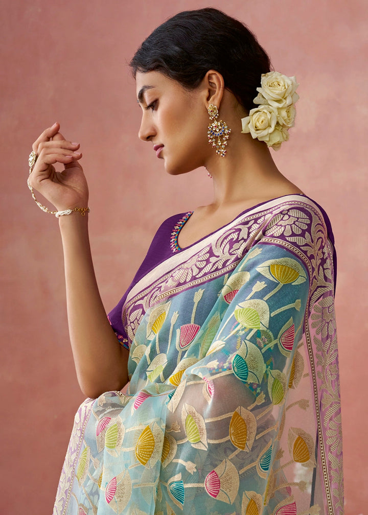 Purple & Blue Brasso Organza Saree with Designer Embroidered Blouse - House of Sarvati LLC