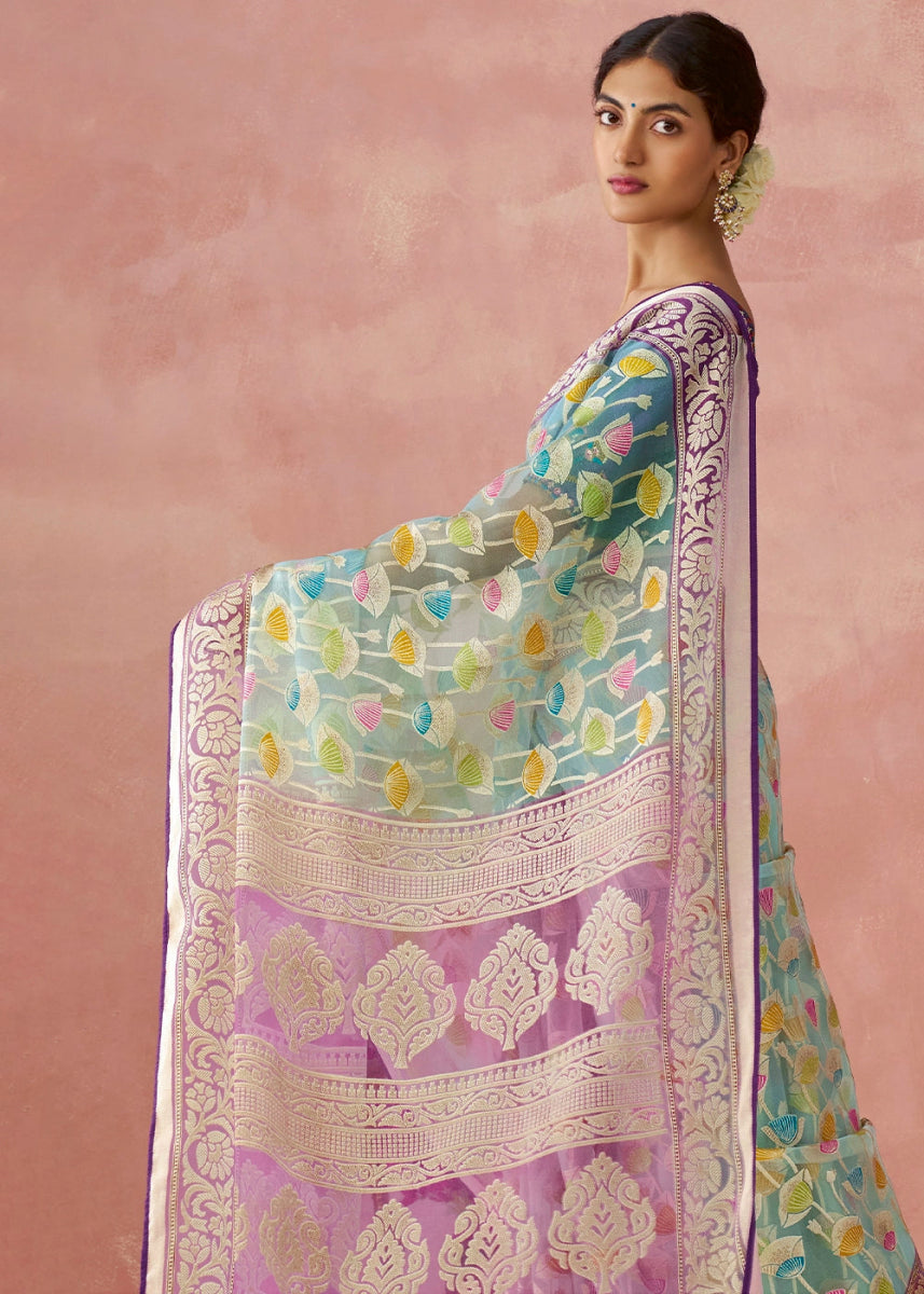 Purple & Blue Brasso Organza Saree with Designer Embroidered Blouse - House of Sarvati LLC