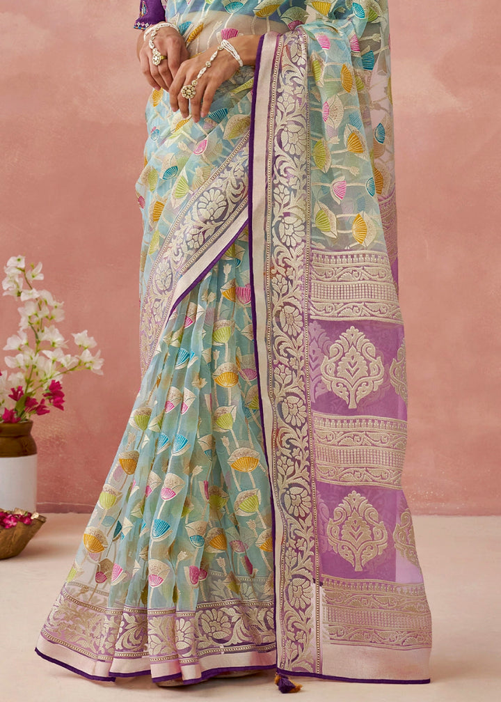 Purple & Blue Brasso Organza Saree with Designer Embroidered Blouse - House of Sarvati LLC