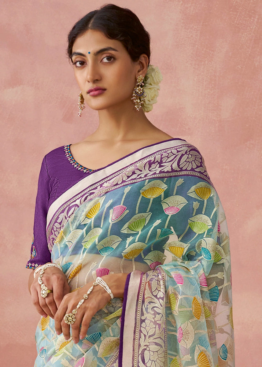 Purple & Blue Brasso Organza Saree with Designer Embroidered Blouse - House of Sarvati LLC