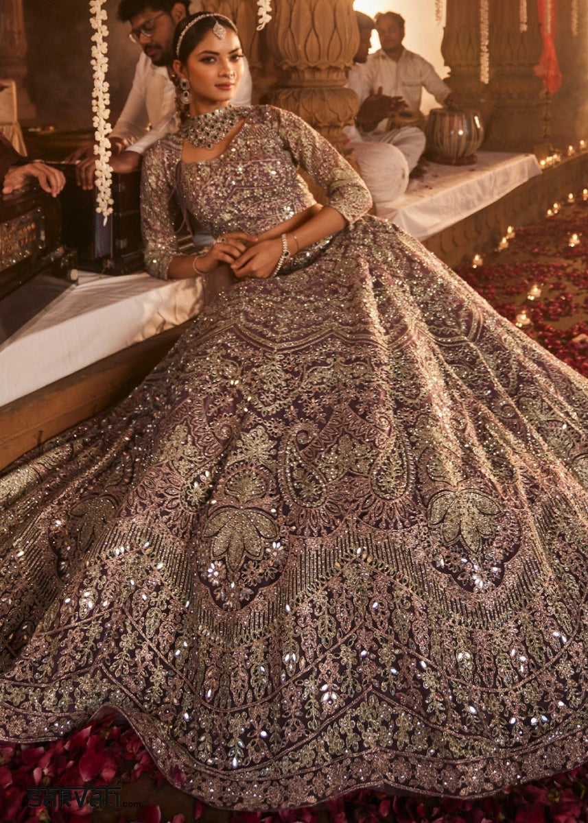 Purple & Golden Net Lehenga Choli with Embroidery and Sparkling Sequins Work - House of Sarvati LLC