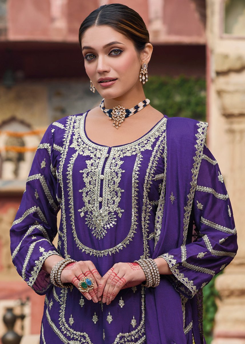 Purple & Green Dual - Tone Chinon Silk Palazzo Suit with Exquisite Embroidery - Eid Edition - House of Sarvati LLC