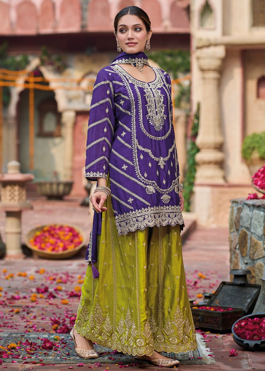 Purple & Green Dual - Tone Chinon Silk Palazzo Suit with Exquisite Embroidery - Eid Edition - House of Sarvati LLC