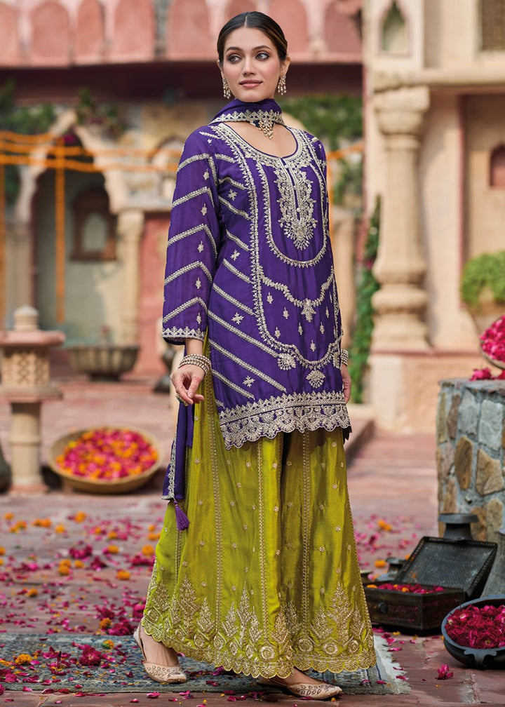 Purple & Green Dual - Tone Chinon Silk Palazzo Suit with Exquisite Embroidery - Eid Edition - House of Sarvati LLC