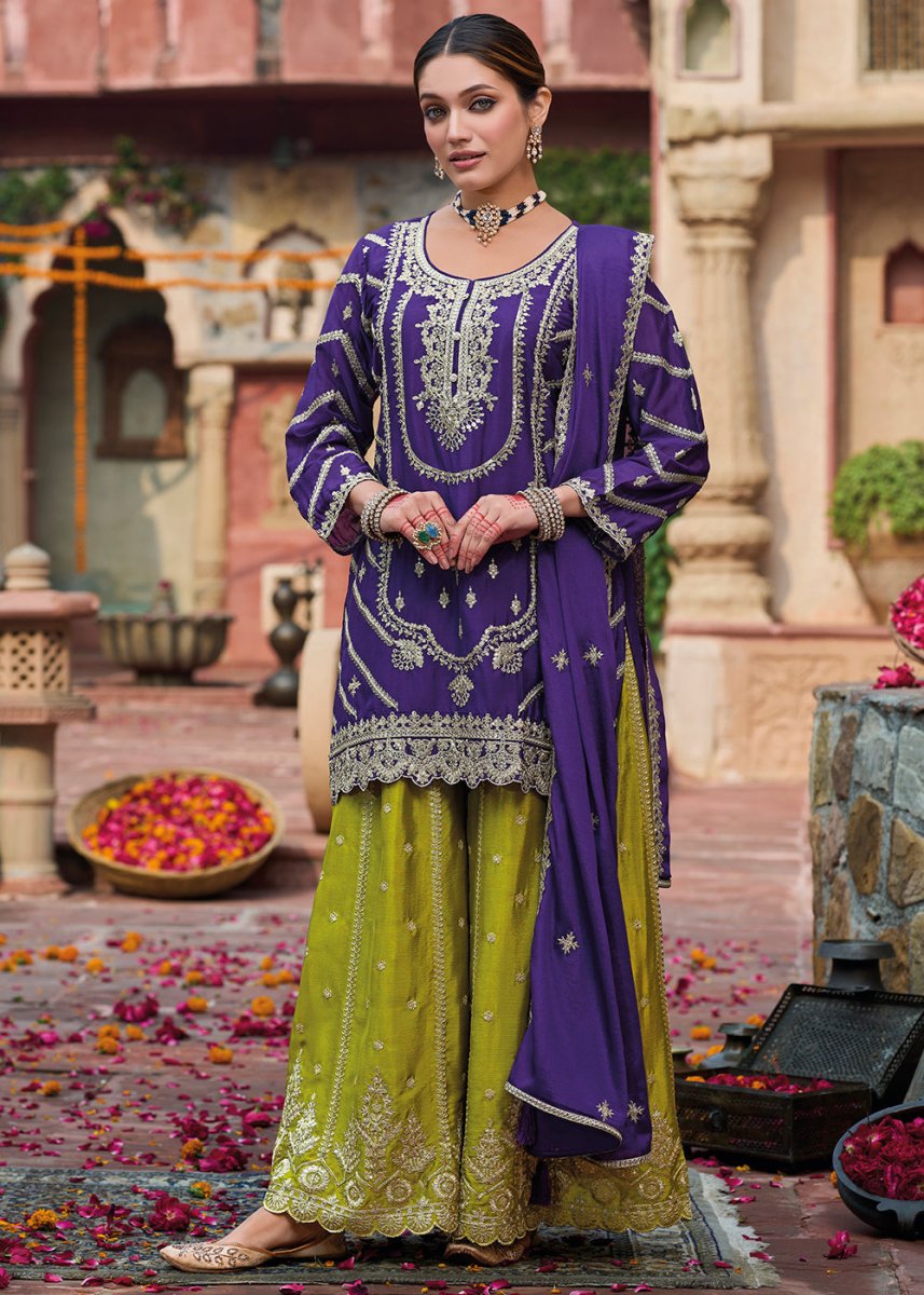 Purple & Green Dual - Tone Chinon Silk Palazzo Suit with Exquisite Embroidery - Eid Edition - House of Sarvati LLC