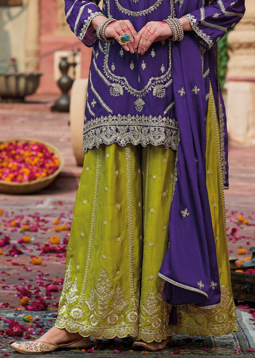 Purple & Green Dual - Tone Chinon Silk Palazzo Suit with Exquisite Embroidery - Eid Edition - House of Sarvati LLC