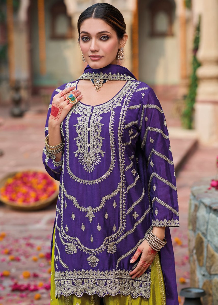 Purple & Green Dual - Tone Chinon Silk Palazzo Suit with Exquisite Embroidery - Eid Edition - House of Sarvati LLC