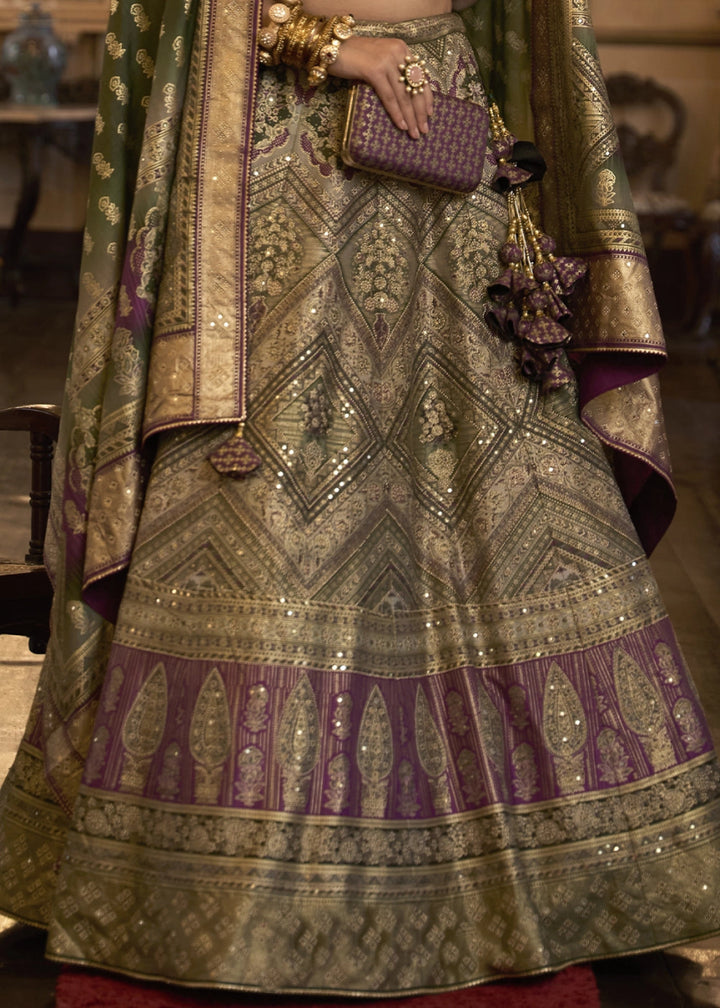 Purple & Green Embellished Rajwadi Silk Lehenga Choli with Aari Mirror Work - House of Sarvati LLC