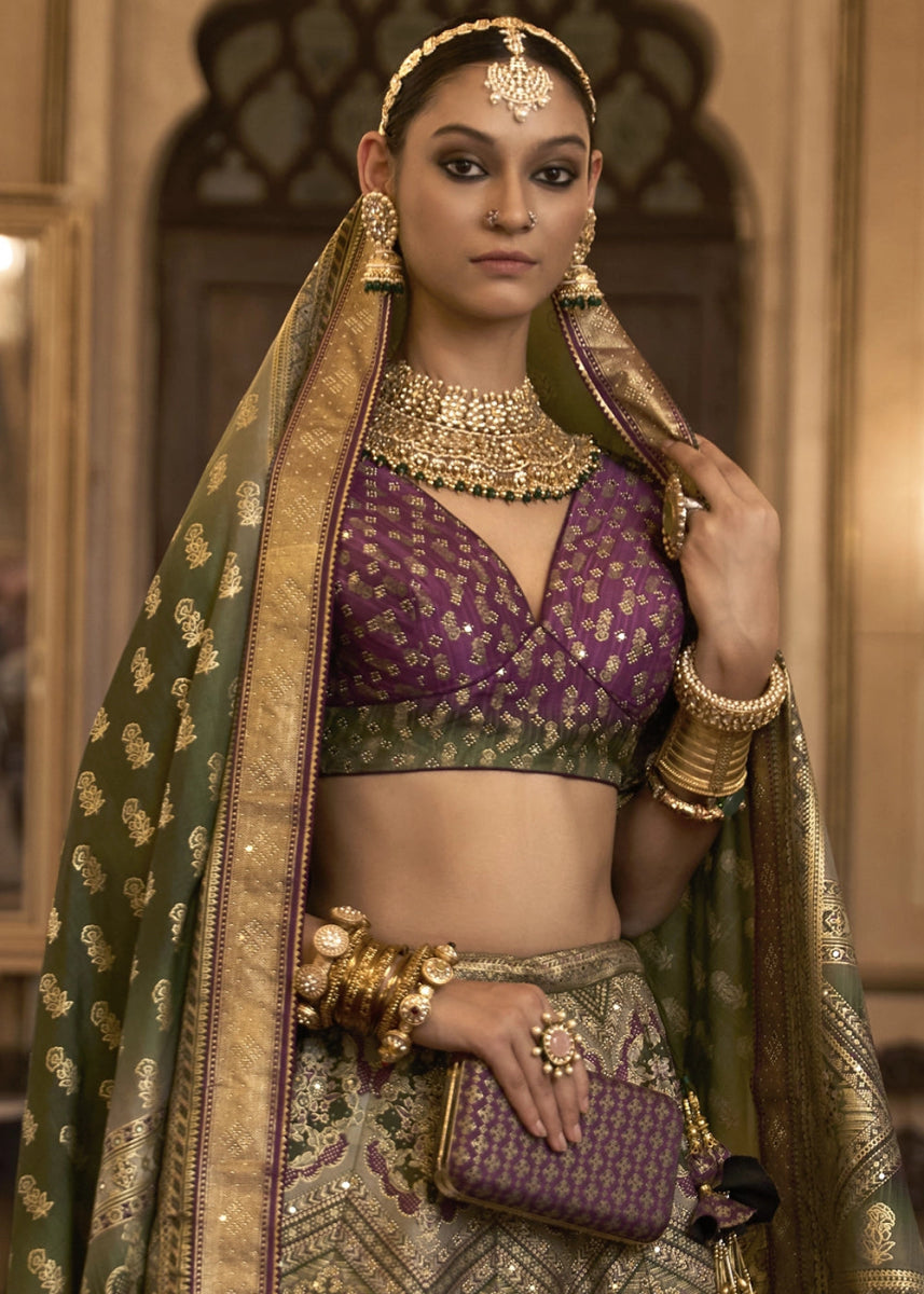 Purple & Green Embellished Rajwadi Silk Lehenga Choli with Aari Mirror Work - House of Sarvati LLC